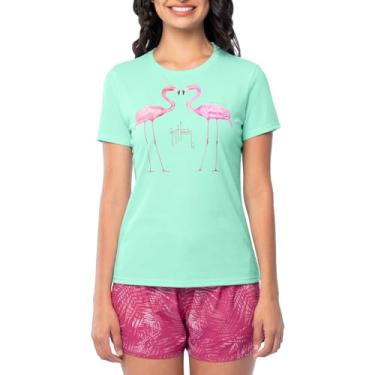 Imagem de Guy Harvey Camiseta feminina de manga curta estampada, Copo de praia/Flamingo Love, M