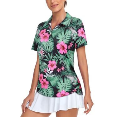 Imagem de Tanst Sky Camisa polo feminina de golfe de manga curta com absorção de umidade, camiseta atlética para treino de secagem rápida, Folha, verde, vermelho, floral, G