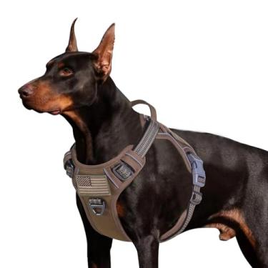 Imagem de BUMBIN Peitoral tático para cães grandes, antipuxão, famoso TIK Tok, sem puxão, ajuste inteligente refletivo para caminhada, para treinamento, peitoral ajustável para cães com alça marrom, G