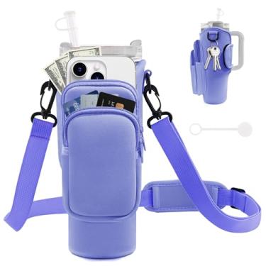 Imagem de Bolsa de Transporte de Garrafa de Água JEBEALUO, com Bolso para Celular, Acessório para Copo Stanley de 1.200/900 ml, Alça Ajustável, Tampa de Canudo, Violeta
