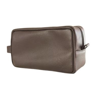 Imagem de Necessaire de couro legitimo masculina e feminina resistente para viagem bolsa organizadora maquiagem espaçosa e com boas divisorias (Marrom)