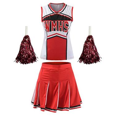 Imagem de OurLore Vestido feminino de uniforme esportivo esportivo clássico de líder de torcida musical do ensino médio (vermelho, 36-40)