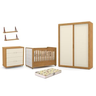 Imagem de Dormitório Tutto 2 Portas, Cômoda, Berço com Capitonê, Colchão Supreme e Prateleiras - Matic Móveis 