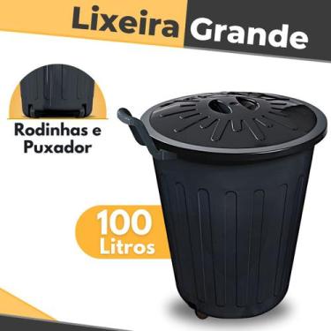 Imagem de Lixeira 100 Litros Redonda Preta Com Tampa Rodas Puxador - Arqplast