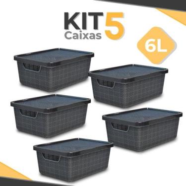 Imagem de Kit 5 Caixa Organizadora 6 Litros Jutta Preta C/ Tampa Cesto Organizad