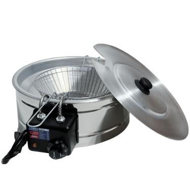 Imagem de Fritadeira Elétrica Industrial Tacho Redondo 5L c/ Tampa - 110V - Frituras, pastéis, coxinhas, kibes, frango frito - Fritadeira com Tampa