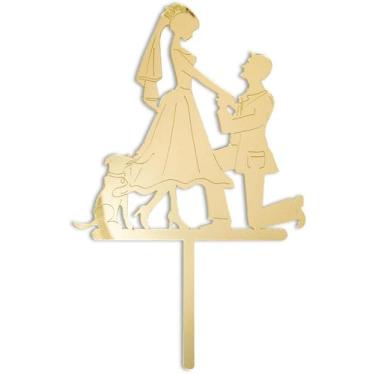Imagem de Topo de Bolo Noivos Casamento com Cão Cachorro Acrílico Dourado 22 cm 
