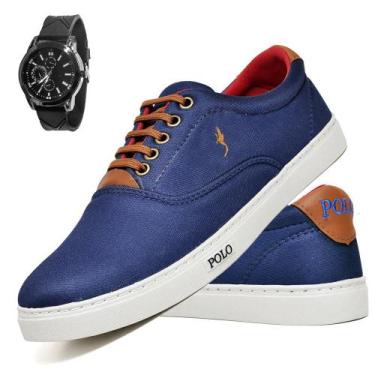 Imagem de Kit Tênis Casual Masculino Lona + Relógio Analógico - Polo Blu, 46, Az