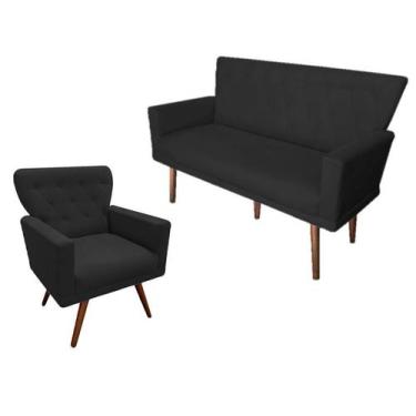 Imagem de Kit Namoradeira + 1 Poltrona Decorativa Aurora Suede Preto Pés Madeira