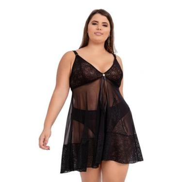 Imagem de Camisola IMI Lingerie Sem Bojo Em Tule E Renda Com Calcinha Plus Size 