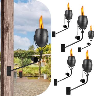 Imagem de FAN-Torches Conjunto de 6 tochas de citronela montadas na parede, tochas de jardim de 400 ml para fora, lanterna de luz de chama recarregável, tocha de metal ao ar livre para quintal, pátio, deck, jardim, festa, paisagem