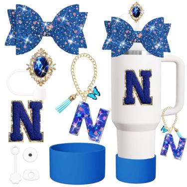 Imagem de XIANGYUAN Conjunto de acessórios para copos Stanley de 8 peças, incluindo tampa e bota de cobertura de canudo de silicone, tampa à prova de derramamento, pingente de alça, adesivo Lette (azul escuro)