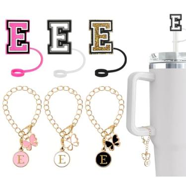 Imagem de (3 +3) Capa de canudo Nuozme compatível com copo Stanley Tumbler 3 peças de tampas de palha com 3 pingentes de borboleta inicial Nome ID para Stanley Copo de 30 e 1,134 g (capa de canudo de 3 letras 3