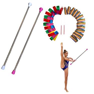 Imagem de Oiloda 2 peças bastão giratório de 66 cm banda de marcha bastão de dança giratório bastão de desfile de ginástica para crianças em Majorette com 2 fitas de dança (branco e rosa)
