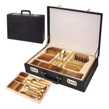 Imagem de Faqueiro Aço Inox 72pçs Dourado Caixa Madeira Luxo - Smart