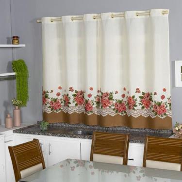 Imagem de Cortina Cozinha Tecido Linhão Estampada Rosas 2,20 x 1,40 - MH Enxovai