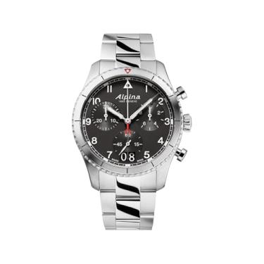 Imagem de Alpina Relógio masculino Startimer cronógrafo Big Date de quartzo suíço de aço inoxidável mostrador preto Modelo: AL-372BW4S26B, Prata