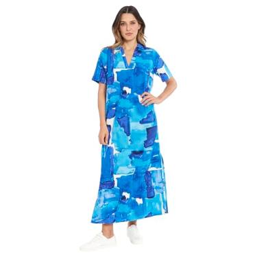 Imagem de London Times Maxi de linho feminino, gola V e fendas | Vestidos versáteis de verão e casuais, azul-marinho/azul royal, 46