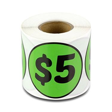 Imagem de Adesivos de preço pré-impressos de US$ 5 dólares - Adesivos redondos circulares de 5 cm em verde limão para venda de garagem, venda de quintal, mercado de pulgas, adesivos de preços de lojas de varejo