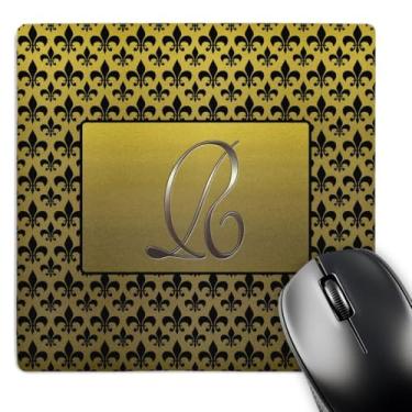 Imagem de 3dRose Mouse pad LLC 20 x 20 x 0,65 cm, elegante moldura dourada em relevo letra R em padrão flor-de-lis preto em fundo dourado (mp_36096_1)