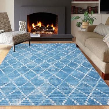 Imagem de GlowSol Tapete geométrico moderno 23,5 x 30,5 cm Tapete antiderrapante Tapete marroquino Tapete de área sem queda para lavanderia banheiro quarto, azul