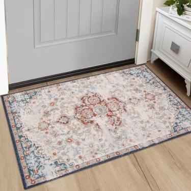 Imagem de WESTLOOM Tapete de área 2x3 vintage envelhecido lavável à máquina tapete de porta interior vintage envelhecido estampa floral tapete de entrada tapete antiderrapante tapete pequeno para cozinha sala