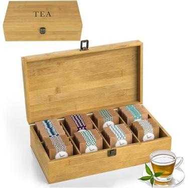 Imagem de Caixa organizadora de chá, segura para alimentos, sem produtos químicos, baú de armazenamento de madeira de bambu, grande, alto e ajustável (8 compartimentos 36,3 x 20,6 x 10,7 cm com design de