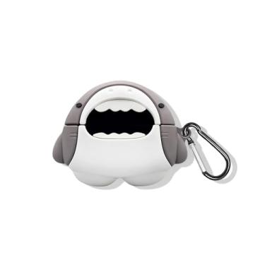 Imagem de SKPY Capa resistente à prova de choque com design de tubarão fofo 3D compatível com JBL Vibe Beam/Vibe 200TWS silicone macio com mosquetão para meninos, meninas, mulheres e homens