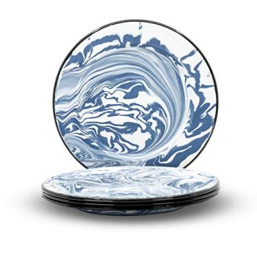 Imagem de Red Co. Conjunto de 4 pratos de jantar redondos clássicos de metal esmaltados de 25,4 cm, borda azul marinho/preta - design espiral