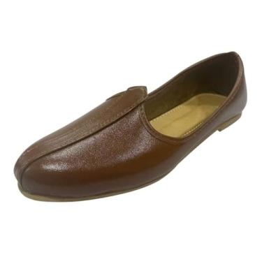 Imagem de Sapatos masculinos Punjabi Jutti indianos duráveis e confortáveis, calçados étnicos clássicos Mojari mocassins para homens, Tan-3, 42