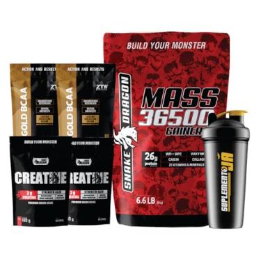 Imagem de Kit Hipercalorico Mass 36500 Refil 3Kg Com Whey Protein Isolado e Concentrado + 2x Creatina Monohidratada Refil 100g Carboidratos + 2x Bcaa Gold Refil 100g Super Pump 10:1:1 + Coqueteleira (3Kg, Chocolate Belga)