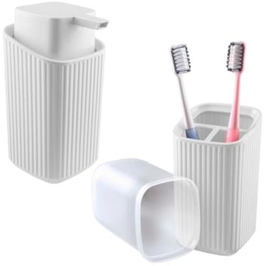 Imagem de Kit Dispenser Sabonete 400ml E Porta Escovas De Dente Com Tampa (Branco)