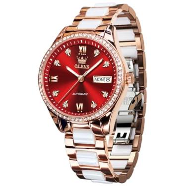 Imagem de OLEVS Relógios femininos automáticos diamante turbilhão vestido relógio de pulso lua fase impermeável luminoso, L6637: Pulseira de dois tons e mostrador vermelho, Elegante