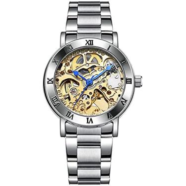 Imagem de Relógio de pulso feminino automático Steampunk com corda mecânica prata pulseira feminina esqueleto relógio de pulso, Dourado