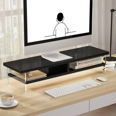 Imagem de Suporte de monitor de madeira de 2 camadas, riser de monitor com suporte acrílico transparente para computador multimídia suporte de mesa risers de prateleira de TV, preto, 60 cm