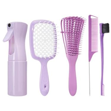 Imagem de 5 peças/conjunto escova desembaraçadora de cabelo rosa escova de peruca pente de cauda de rato curva conjunto de escova de cabelo de borda escova de cabelo cacheado suprimentos de cabeleireiro (roxo 5