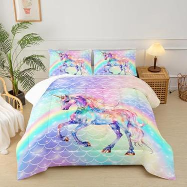 Imagem de lnEffble Lindo jogo de cama solteiro para crianças, meninas, edredom arco-íris e unicórnio rosa, decoração de quarto de unicórnio kawaii