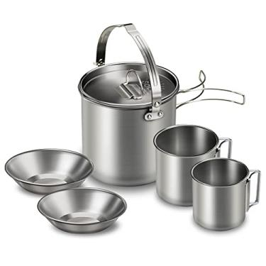 Imagem de Conjunto de Panelas de Acampamento, Chaleira de Aço Inoxidável Com 2 Xícaras de 2 Tigelas, Alças Dobráveis ​​tampa de Grande Capacidade, Panela de Cozinha de café Portátil para