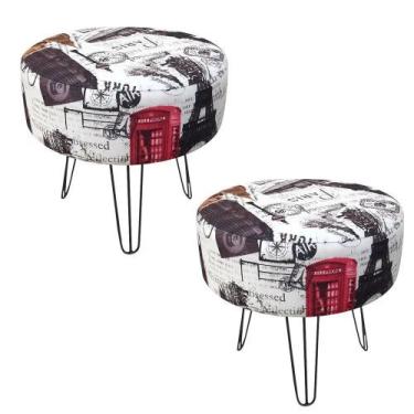 Imagem de Kit 02 Puff Banqueta Rio Redondo Estampado Paris Vermelho Pés De Aço A