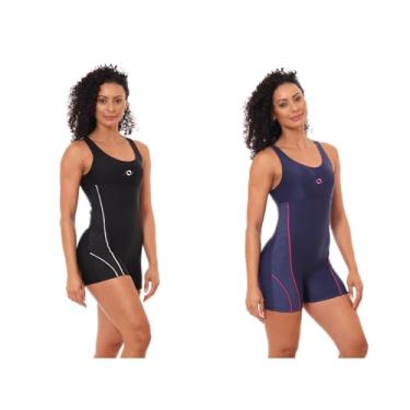 Imagem de Kit 2 Maiô Macaquinho Natação e Hidro Feminino Forrado Liso (1 Preto/Branco / 1 Marinho/Pink, GG)