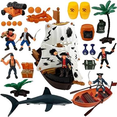 Imagem de ArtCriatividade Pirate Action Figure Playset, Pirate Play Set com figuras de ação, brinquedo de navio pirata, barco, tubarão, baús de tesouro, caixa d