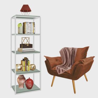 Imagem de Kit Poltrona Fatte com Manta Soft Salmão e Estante Livreiro Ferro Branco mdf Verde Oliva Suede Terracota - Ahz Móveis