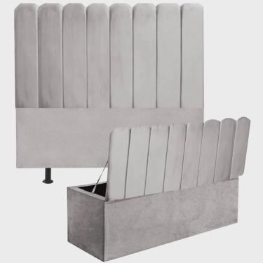 Imagem de Kit Cabeceira Estofada e Calçadeira Baú Recamier Dallas 195cm King Size Corino Cinza Claro - Ahz Móveis