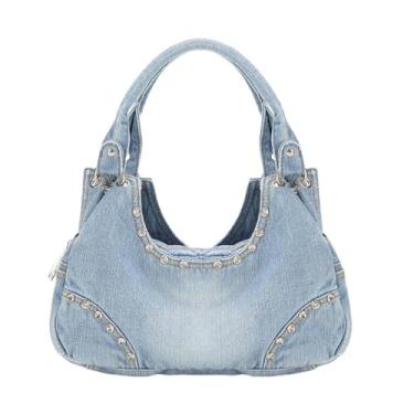 Imagem de GJHFCXSO Bolsa Jeans Estética Feminina Y2k Bolsa de Ombro Estilo Hobo com Strass Bolsa Transversal Jeans Lavada,Blue