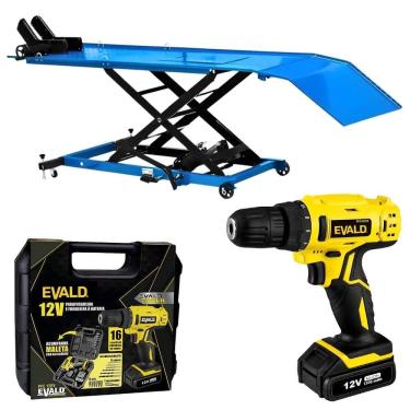 Imagem de Elevador Hidráulico de Motos até 450 Kgs e Parafusadeira e Furadeira Bateria 12V e Kit EVALD