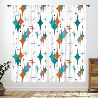 Imagem de Cortinas modernas de meados do século, azul, laranja, abstrato, atômico, geométrico, retrô, estilo anos 1950, 1960, tratamentos de janela para quarto, sala de estar, cozinha, 2 painéis, 106 x 113 cm