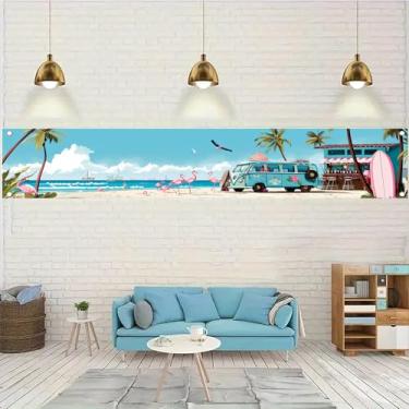 Imagem de Starlit Patio Faixa de praia de verão 50 x 395 cm decorações de festa tropicais pano de fundo do oceano costeiro flamingo prancha de surf retrô van cena piscina para quintal churrasco luau suprimentos