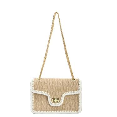 Imagem de Fecialy Bolsas transversais de palha para mulheres verão palha praia com pérolas ráfia bolsas de ombro, Marrom