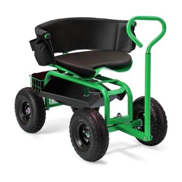 Imagem de THUNDERBAY Carrinho de jardim banco de trabalho com rodas, assento giratório de 360 graus, scooter de vagão com alça de direção e bandeja de ferramentas utilitárias para plantio, com cesta de