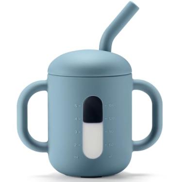 Imagem de CLYMENE Copo De Treinamento De Silicone Com Canudo E Alças, Copo Com Canudo Para Bebês, Copo Para Beber Água Para Bebês E Crianças Pequenas A Partir De 6 Meses, 6 Oz, Azul-Escuro